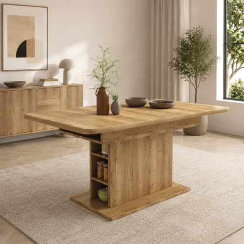 Merax Esstisch Holz, Ausziehbar Esszimmertisch mit Stauraum, Rechteckiger Küchentisch, für Wohnzimmer und Esszimmer, 110/130L x 70B x 75H cm, Natur