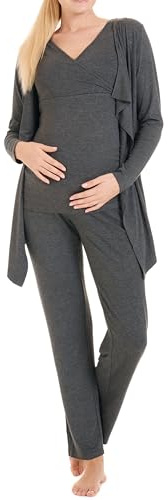 Herzmutter Stillpyjama-Set - 3-teilig - Umstands-Pyjama für Damen - Schwangerschafts-Wochenbett-Set - Hose-Top-Cardigan - 8100 (Dunkelgrau, L)