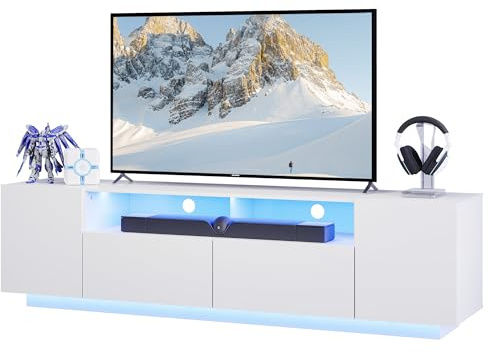 WLIVE TV Schrank, Lowboard 170 cm, LED RGB, für Fernseher bis 75 Zoll, Weiß | TV Board mit Schränken und 2 Freiflächen, 20 Farben LED-Beleuchtung, Fernsehtisch mit Klapptür, 170 x 36 x 45 cm