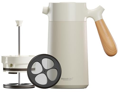 HEEMBURG Thermo French Press 1L (8 Tassen) | Premium Edelstahl Kaffeepresse & Teebereiter | 6h Doppelwandige Isolierung | inkl. Ersatzfilter & Bambuslöffel Geschenkset | Zuhause, Büro & Camping – Weiß