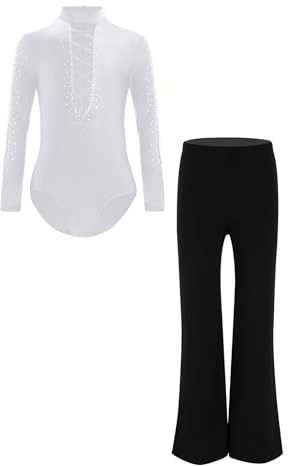 Kaerm Latein Tanzkostüm Kinder Junge Tanzanzug Langarm Turnanzug Strass Glitzer Ballettanzug Mit Latein Tanzhose Jazzpants Performance Bekleidung Weiß 110-116