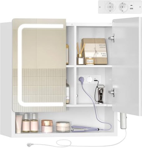 TEENFON Spiegelschrank Bad mit Beleuchtung LED, Badezimmer Spiegelschrank mit Steckdose und Haartrockner-Halter, 3-Fach Farbtemperatursteuerung, verstellbare Ablagen, 60x15x65cm-2 Türen
