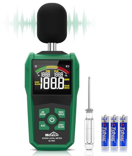 SQECH Dezibel Messgerät dB Messgerät Schallpegelmesser Bereich 30–130dB | Lautstärke Messgerät mit Farbiges Hintergrunddisplay Bildschirm A/C-Bewertung dB/SONE-Einheiten Schnelle/Langsame Reaktion
