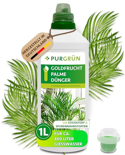 Purgrün® Goldfruchtpalme-Dünger 1 Liter – Schnell wirksame mineralische Rezeptur – Premium-Flüssigdünger mit Spurennährstoffen – NPK 10+8+6 – Stärkt die Widerstandskraft – Für kräftige Palmwedel