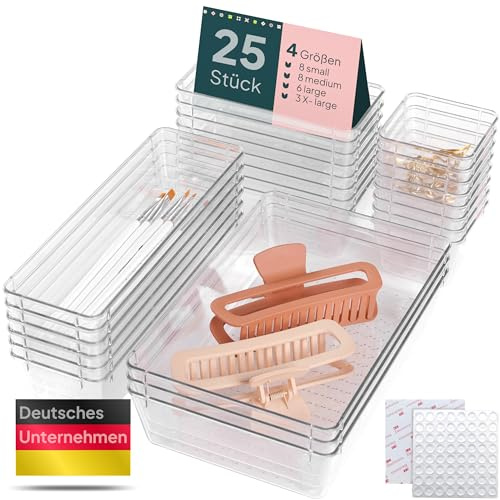 uandu Schubladen Organizer 25er mit 4 Größen für Küche, Bad & Büro | Stapelbar, 100 Anti-Rutsch-Silikonpunkte, Badezimmer, Schminktisch, Kosmetik & Schmuck