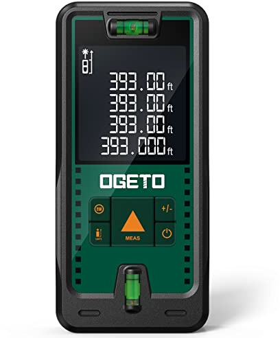 Laser Entfernungsmesser, OGETO Laser Entfernungsmesser mit LCD Hintergrundbeleuchtung, 99 Datensätze, M/In/Ft, Pythagoras/Abstand/Fläche/Volumen Messungen(2*AAA Batterien, IP54)