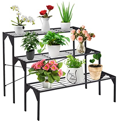 GOPLUS 3 Ebenen Metall Pflanzenständer, Blumentreppe Outdoor, Blumenregal Pflanzentreppe für Garten Balkon, Schwarz (Rechteckig-ohne Muster)