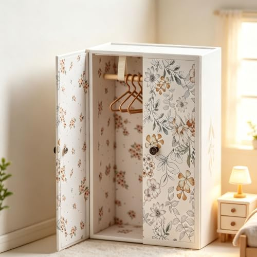 Dollhouse Garderobe, 1/12 Miniaturweißblumenmuster Holzgarderobe mit 3 Kleiderbügeln, Doppel Tür Puppen Hausschrank für Puppenhaus Schlafzimmer Möbelzubehör