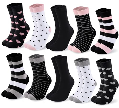 Cirorld Socken Damen 10 Paar，Bunte Baumwollsocken 39-42, Lange Strümpfe, Atmungsaktiv & Bequem, Winter Sportsocken, Streifen Punkte Muster Valentinstag-Geschenk für sie