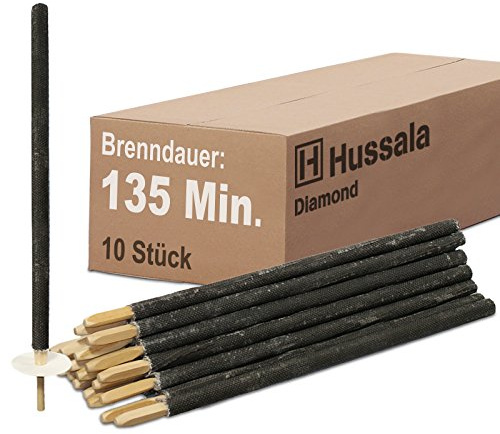 Hussala Diamond Wachsfackeln [10 Stück / 135 min] mit Holzstab und Tropschutz, Garten Fackeln aus Diamond-Wachs
