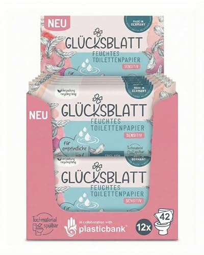 Glücksblatt feuchtes Toilettenpapier Sensitiv, 12 Packungen mit je 42 Tüchern, ohne Duft- und Farbstoffe, parfümfrei, dermatologisch getestet, für empfindliche Haut, sanfte Pflege