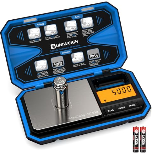 UNIWEIGH Digitale Feinwaage 0.01g, 200g Mini Waage Gramm,Taschenwaage | Präzisionswaage, Feinwaage Küche, Briefwaage, Goldwaage, Feinwage mit Tare,Grammwaage mit 50g Kalibriergewicht -Blau