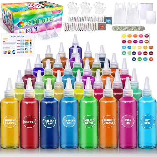 PATIFEED Batikfarben Set für Kinder und Erwachsene, 32 Farben 80ML Flaschen Batik Set, Batik Farben Geschenke für Mädchen und Jungen, Große Gruppen, Aktivitäten, Handgemachte Partys