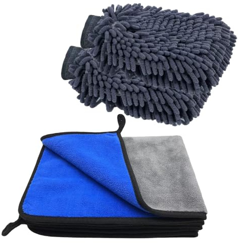 VAIYNWOM 3er Mikrofasertücher & 2 Stück Waschhandschuh Autopflege Set, Microfasertücher 600GSM Super Weich Trockentücher Mikrofaser Handtuch zum Autoreinigung, Trocknen und Polierenlau