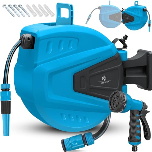 KESSER® automatische Schlauchtrommel 30 m + 2 m, Wand Schlauchbox mit Aufrollautomatik, Schlauchaufroller mit Gartenschlauch, 180° schwenkbar + Multi Handbrause mit 9 Modi, inkl. 2 Aufsätze, Blau