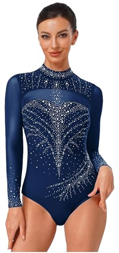 Fldy Damen Turnanzug Langarm Glitzer Strass Gymnastik Tanz Trikot Mit Durchsichtige Mesh Eislaufen Ballett Leotard A_Navy blau S