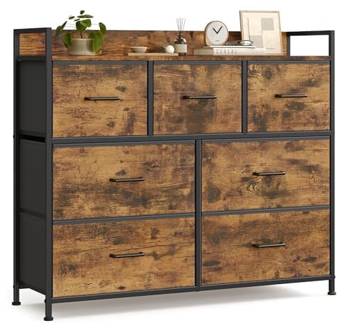 SONGMICS Kommode, Schrank, 7 Stoffschubladen mit Griffen, Metallgestell, Industrie-Design, vintagebraun-tintenschwarz LTS137B01