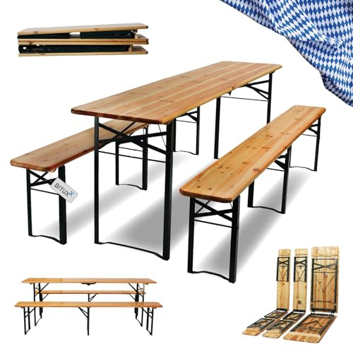 BITUXX Faltbare Bierzeltgarnitur Biertischgarnitur Bierbankgarnitur Festzeltgarnitur Biergartengarnitur Bierbank Biertisch Klappbar 1x Tisch 2X Bänke 216cm