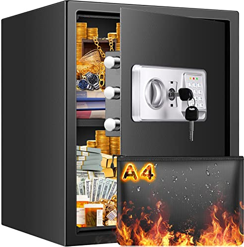 60L Großer Safe Tresor Feuerfest mit Zahlenschloss & A4 Feuerfester Tasche | Alarm- & Silent-Modus, Abnehmbares Regal, Digitaler Möbeltresor für Zuhause Büro Bargeld Schmuck Medikamente DIN A4 Ordner