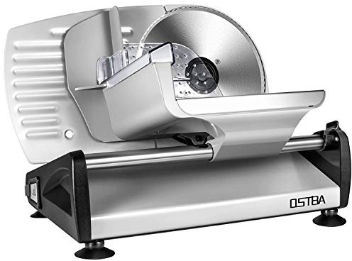 OSTBA Allesschneider, elektrischer mit ECO-Motor, rostfreies Edelstahlmesser,Wurstschneidemaschine mit einstellbare Schnittstärke(0-15mm),Käse Brotschneidemaschine, 150 W,Silbermetallic