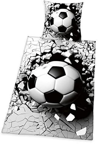Herding 3D Effekt Bettwäsche-Set, Fußball, Kopfkissenbezug 80 x 80 cm, Bettbezug 135 x 200 cm, Mit leichtläufigem Reißverschluss, 100% Baumwolle/Renforcé, Grau/Weiß