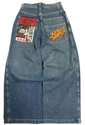 ORANDESIGNE Y2k Jeans Herren Hip Hop Retro Schädel Stickerei Gewaschen Baggy Denim Hose Lässig Lose Weites Bein Hose Streetwear M Z08 Blau