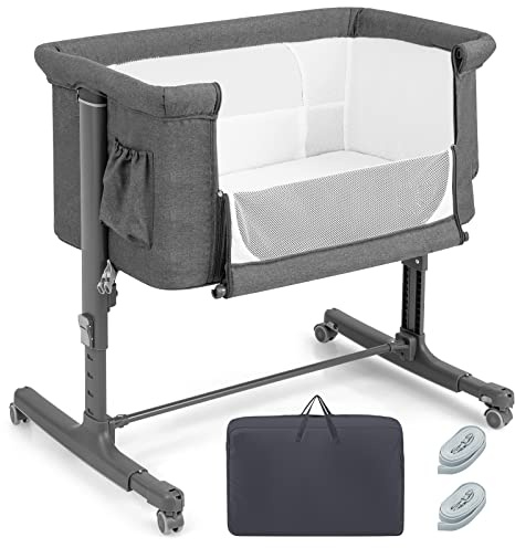 COSTWAY 3 in 1 Beistellbett Baby, Reisebett mit Matratze, Dunkelgrau | Babybett 5 stufig höhenverstellbar & neigbar, Babywiege inkl. Tragetasche, Stubenwagen mit Rollen für Boxspringbett