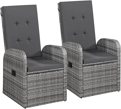 KOIECETA 2X Garten Liegestuhl mit Auflagen Gartensessel Gartenstuhl Sessel Stuhl Liegesessel Gartenmöbel Rattanmöbel Poly Rattan Grau, V4606