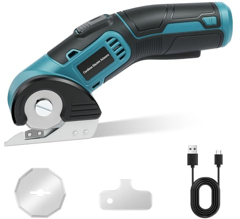 Flintronic Elektrische Schere, Kabellose Kartonschneider mit 2 Elbstschärfender Klinges, Sicherheitsschloss, USB-Ladekabel und LED-Licht, 4V Universalschneider für Pappe, Teppich, Stoff, Kunststoff
