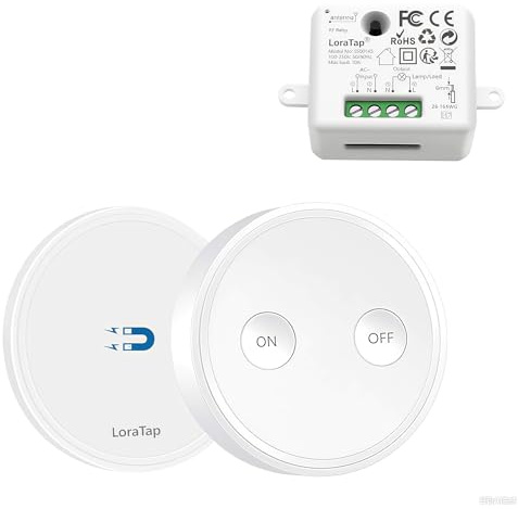 LoraTap Funk Lichtschalter Set mit 1 Fernbedienung und 1 Empfänger, 230V Funk Einbauschalter für Licht & Geräte bis 2300W, Drahtlose Steuerung ohne Zusatzverkabelung, 200 m Reichweite, ohne WLAN