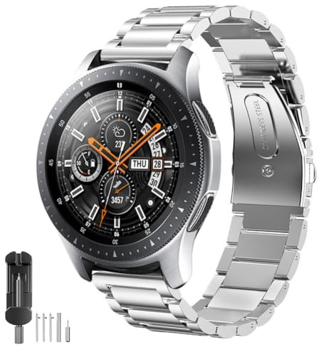 SUNDAREE Kompatibel mit Armband Galaxy Watch 46MM SM-R800/Watch 3 45MM/S3 Classic/Garmin Venu 2/Huawei GT3 46MM/Amazfit GTR 4,22MM Metall Herren Ersatz Metallarmband Edelstahl Uhrenarmband,Glanzsilber