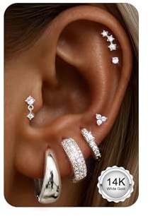 CASSIECA 7Paar Ohrringe Silber Damen Chirurgenstahl Creolen Ohrstecker Set Ohrringe Flacher Verschluss 14K Weißgold Creolen Stecker Damen für Mehrfachpiercing Helix Tragus Piercing Ohr Silber Schmuck