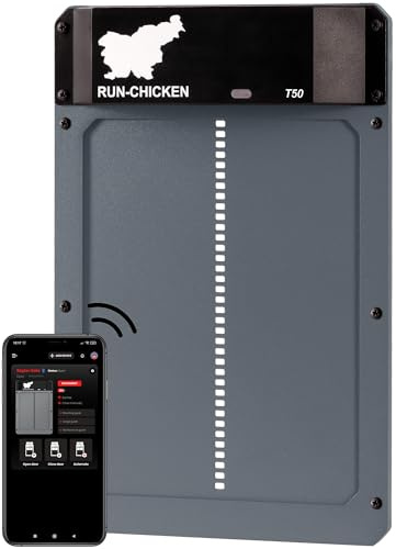 RUN-CHICKEN T50 Automatische Hühnerklappe, Grau – Aluminium, batteriebetrieben (2X AA), App-Steuerung, Lichtsensor & Timer mit Verzögerung, wetterfest – Hühnertür für Hühnerstall & Auslauf