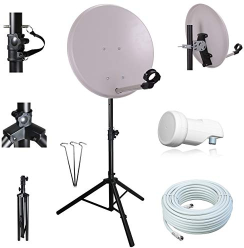 Camping SAT Anlage mit STATIV – 40cm SAT-Spiegel inkl. Single LNB, 10m Koaxialkabel & Dreibein-Stativ – Mobile Satellitenanlage für Camping, Wohnmobil & Caravan – HD Full Sat Schüssel für unterwegs