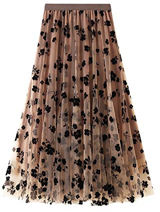 GPLOPEEY Midi-Röcke aus Tüll für Damen Elastischer, hoher Bund aus Netzstoff mit Blumendruck EIN Linienrock Overlay Layered Y2k Midi Rock Streetwear (01 Khaki, One Size)