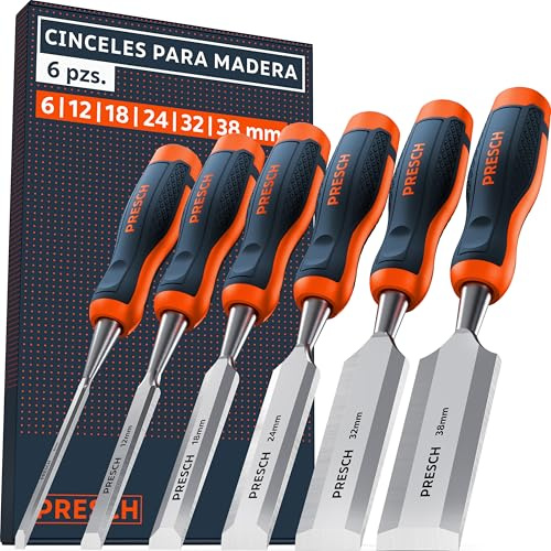 Presch Stechbeitel Set für Holz 6tlg. - Fertig geschliffene Stemmeisen (6, 12, 18, 24, 32, 38mm) - Profi Stecheisen mit 25° Keilwinkel mit robuster Metallschlagkappe
