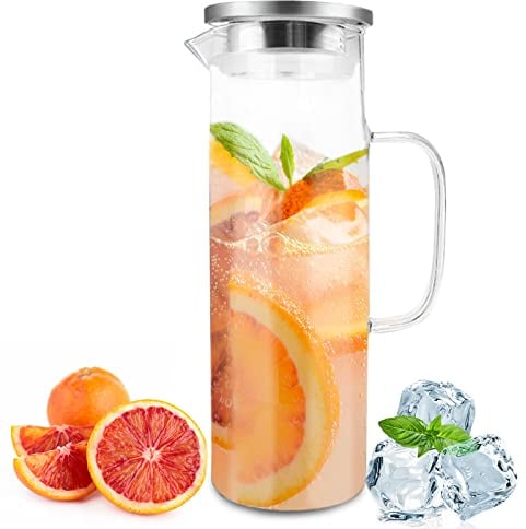 Nutabevr 1,5 Liter Wasserkaraffe aus Glas,Glaskaraffe und Edelstahl Deckel,Gedickter Kessel aus Borosilikatglas,Hitzebeständig Wasserkocher, Ideal für Wein, Kaffee, heißes Wasser und Fruchtsäfte