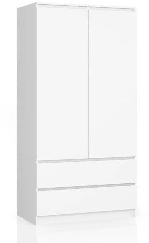 AKORD Zweitüriger Kleiderschrank S 90 cm 2 Schubladen mit Regalen und Einer Kleiderstange für EIN Schlafzimmer Kleiderschränke Minimalistischer Stil Laminierte Platte 16 mm Farbe Weiß