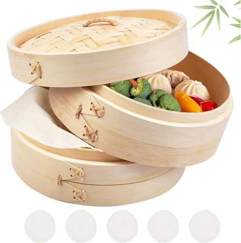 Dampfgarer Bambus,2 Etagen Bambus-Dämpfer Mit Deckel, 5 Baumwolltüchern für Sim Sum Dumplings, Gemüse, Reis, Fleisch Und Fisch, Ø 20 cm