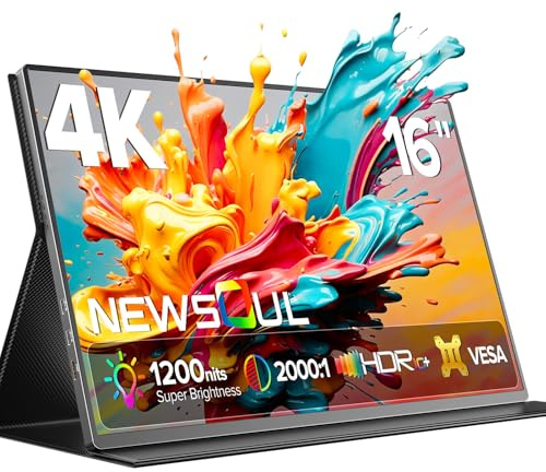 Newsoul Portable Monitor 4K 16 Zoll mit 1200 nits Helligkeit, 3840 x 2400 UHD Tragbarer Monitor, 145% sRGB 2000:1 16:10 IPS, Tragbarer Bildschirm mit USB-C HDMI und VESA für Laptop/PC/PS5/4/Xbox