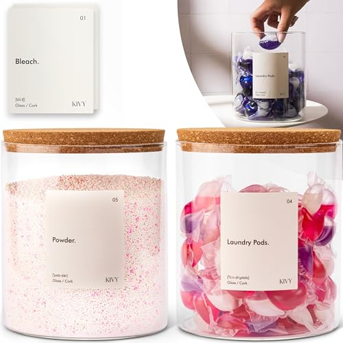 KIVY Waschmittelbox Glas mit Etiketten [2x 2000ml] Pods & Waschpulver Aufbewahrung Glas - Waschpulver Behälter für Waschpulver Aufbewahrungsbox Waschküche - Waschmittel Spender Waschraum Organizer