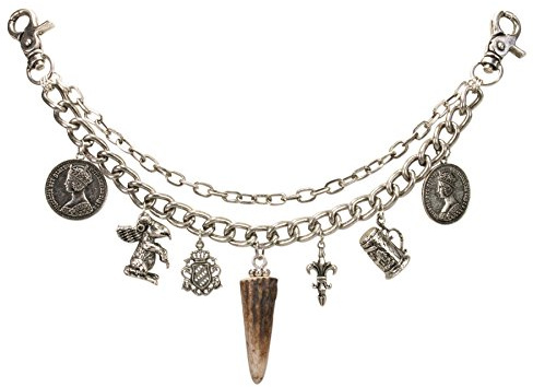 Alpenflüstern Trachten-Charivari Vinzenz - Hochwertiger Herren-Trachtenschmuck mit Trophäen-Anhängern für die Lederhose, echtes Hirschhorn, (antik-silber-farben) HCH021