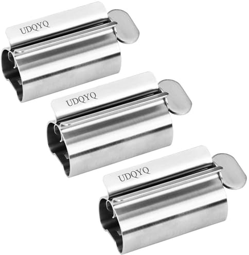 UDQYQ Tubenquetscher Tubenpresse,3-er Pack Zahnpasta Squeezer Edelstahl Sparen Zahnpasta total Squeeze Out Leere Rohre, Edelstahl Zahnpasta Sitzhalter mit Standfunktion. (Gloss Finish Silver)