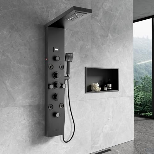 Duschpaneel Led Schwarz Ganz, KEOKBON 6 in 1 Duschsystem Duschpaneele aus Rostfreiem Edelstahl mit LCD Temperaturanzeige, Wasserfall & Regendusche 8 Massagedusche Handbrause Wanneneinlauf