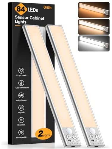 Gritin 26cm Schrankbeleuchtung Unterbauleuchte Küche Motion-Sensor, 2 Stück | Superhell Küche Licht 1800mAh Aufladbar,3 Farbe&5 Helligkeit,4 Modi,Einfach Montage Stark Magnet Schranklicht