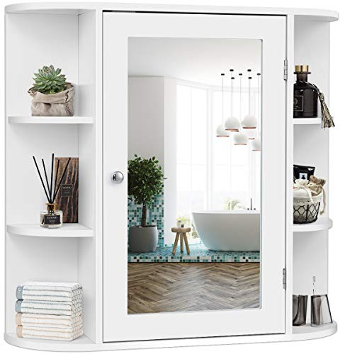 GOPLUS Spiegelschrank Holz mit Ablagen, Badschrank mit Spiegel, Hängeschrank Wandschrank Bad, 66 x 17 x 63 cm(Weiß)