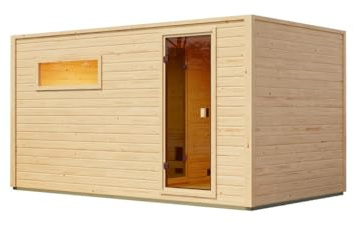 Karibu Gartensauna 396,1x224,9x212,4cm│Außensauna mit Vorraum│mit bronzierter Glastür & 2 Liegen│Fronteinstieg│Massivholz│Bio-Kombiofen 9kW mit EXT. Steuerung│für 2–4 Personen + Boden
