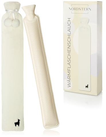 Nordstern Wärmflaschen Schlauch Lang mit Bezug - Flauschige Nackenwärmflasche für die Schultern - Längliche Auslaufsichere Bettflasche 75 cm - Ideal für Erwachsene & Kinder