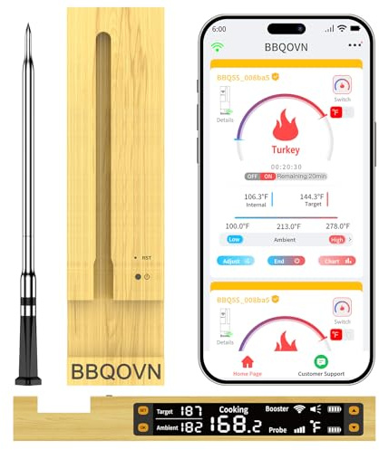 BBQOVN WLAN Bluetooth Fleischthermometer mit unbegrenzter Reichweite, 7 NIST-zertifizierte Sensoren & Umgebungstemperatur, kabelloses Grillthermometer für BBQ, Smoker, Ofen, Grill, Heißluftfritteuse