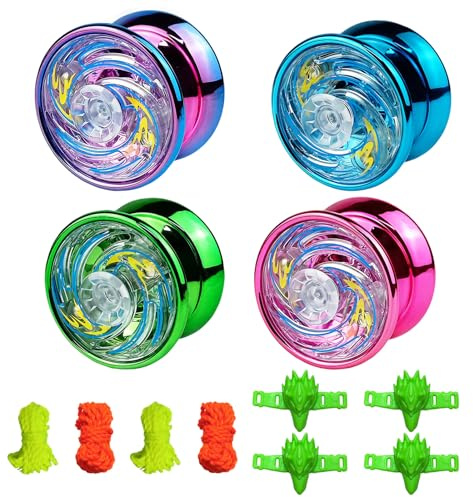 Golgner 4 Stück LED Licht YoYo, Mlegierung Responsive Yoyo, Reaktives Kugellager JoJo, JoJo Leuchtend mit Saiten und Fingerling, für Anfänger, Fachleute